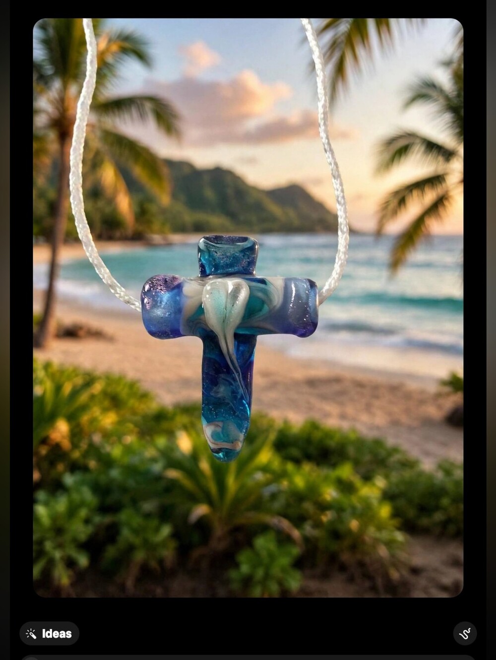 Handcrafted Murano Blue Glass Cross Pendant Necklace - Ocean Swirl